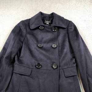 H & M Coat Womens 8 Navy Blue Wool Blend Double Breast Trench Overcoat Classic